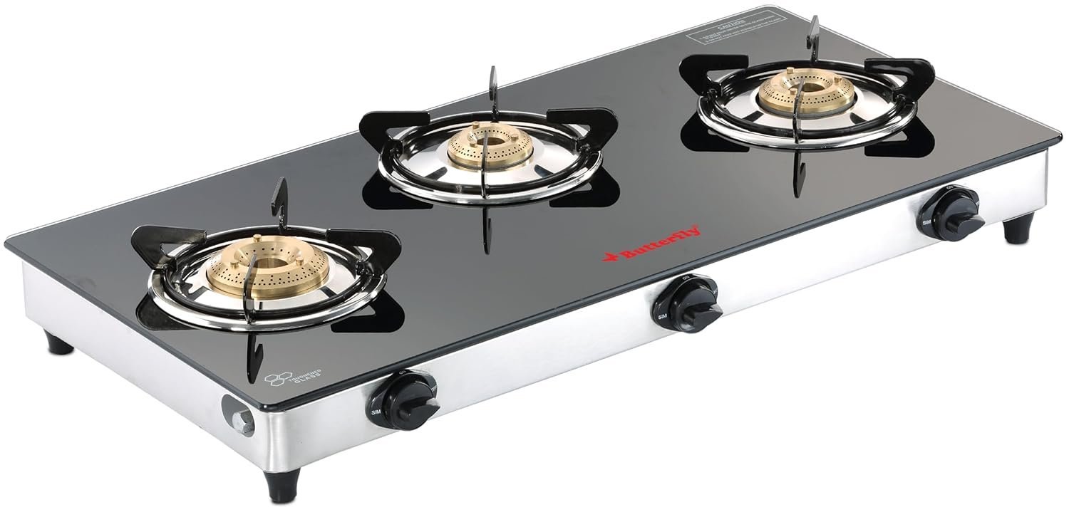 Butterfly Radiant Jumbo 3 Burner Glass Top Gas Stove | Tri-pin Brass Burners | 6mm Toughened Glass | Detachable Spill Tray | Enamel Pan Supports | Rust free SS Frame| 2 Year Warranty