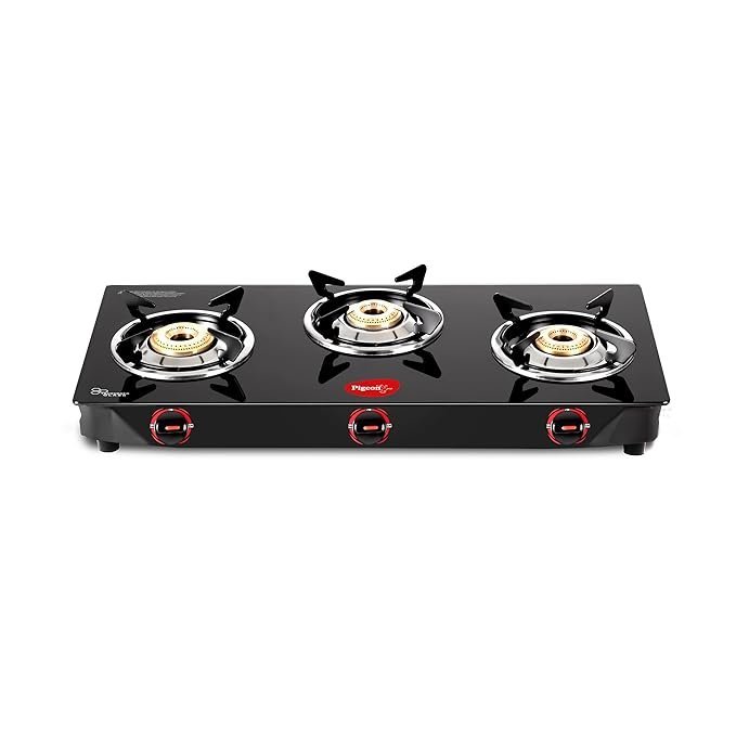 Pigeon by Stovekraft Aster 3 Burner Gas Stove with High Powered Brass Burner Gas Cooktop, Cooktop with Glass Top and Powder Coated Body, Black, Manual Ignition, Standard (14267)