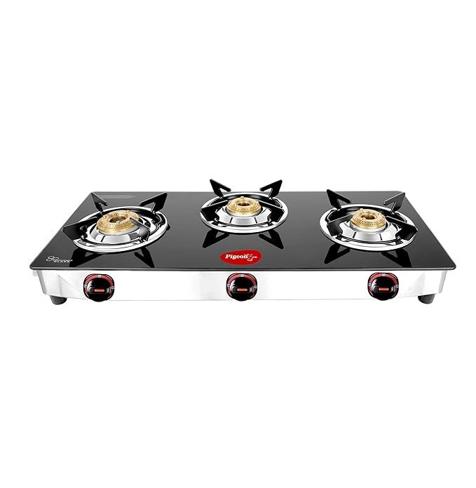 Pigeon Favourite 3 Burner Gas Stove | Auto Ignition | Brass Burner | Toughened Glass | 2 year Warranty