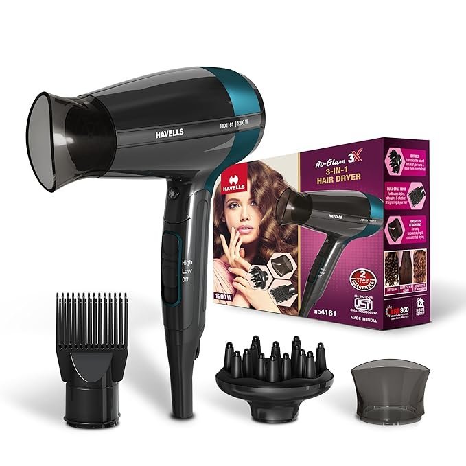 Havells Styling Hair Dryer | Hypersonic Motor | 3 Detachable Attachment| Diffuser, Quill-Style Comb, Aerofocus Nozzle|3 Temperature/2 Speed Settings| Cool Shot| 1200 W |2 years guarantee|HD4161